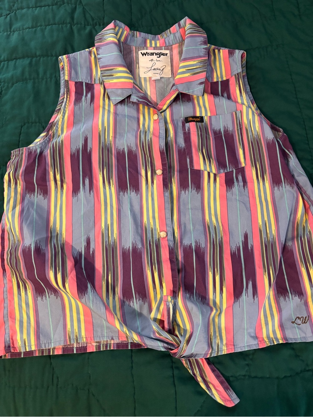 Wrangler Multicolor Striped Tie-Front Sleeveless Button-Down Shirt